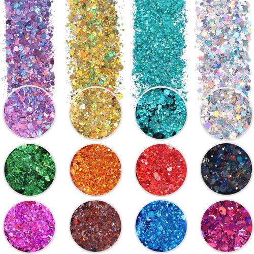 1 Chunky Glitter, Set of 12, Licool Craft Glitter for Resin Art Crafts, Cosmetic Glitter for Nail Body Face Eye, Epoxy Resin Sequin Flake Sparkle for Slime Tumbler Jewelry Making