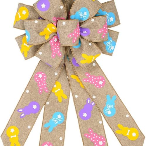 Easter Wreath Bows, Brown Easter Rabbits Pattern Burlap Bows for Wreaths - Easter Decor Burlap Tree Topper Bows for Holiday Front Door Wreath Decorations Indoor Outdoor