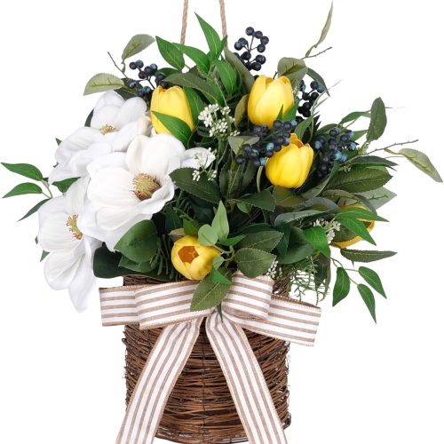 1 20" Spring Easter Floral Basket Wreath for Front Door, Artificial White Magnolia Yellow Tulip Door Basket Decor, Spring Easter Basket Hanger for Farmhouse Home Wall Door, Spring/Summer/Easter Wreath