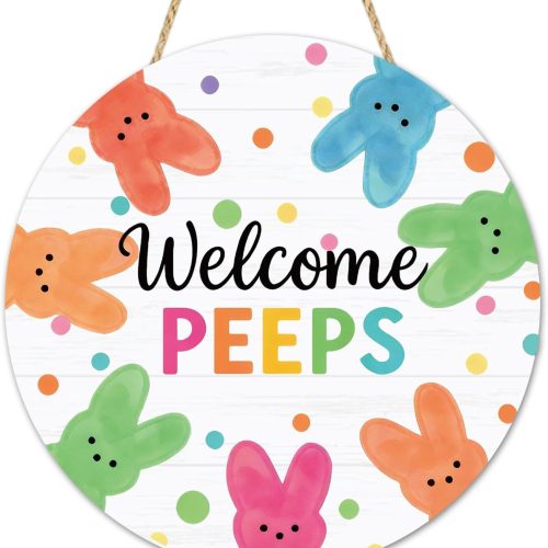 Wooden Welcome Peeps Door Signs Easter Door Decorations Welcome Bunny Decor Signs Spring Easter Door Hanger Sign Plaque for Wall Home Wreath Farmhouse Indoor Outdoor Spring Decorations