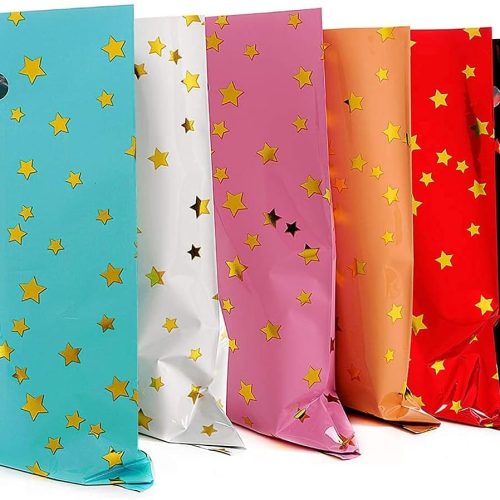 1 48 pieces of thicker gift bags with handles, plastic party candy bags with sparkling stars, suitable for all kinds of holiday parties