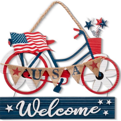 1 4th of July Decorations for Front Door, Wooden Patriotic Wreath, Red White Blue Decor Americana Welcome USA Sign Bike for Memorial Day Independence Day Labor Veteran Day Indoor, 9 Inch