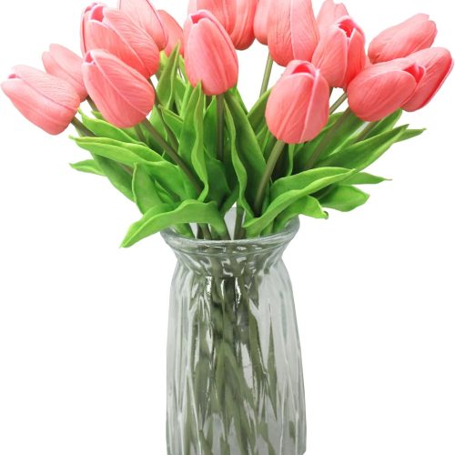 10-Heads Artificial Flowers PU Mini Real Touch Tulip Bouquets for Home Wedding Party Centerpiece Decoration (Gradient Coral)