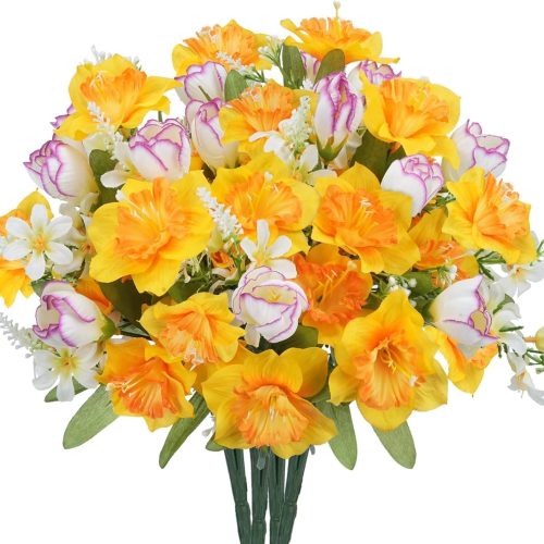 1 4 Bundles Daffodils Artificial Flowers Silk Narcissus Yellow Easter Flower Bouquets with Faux Tulip for Vase Fake Spring Cemetery Flowers for Grave Home Kitchen Table Centerpieces Outdoor
