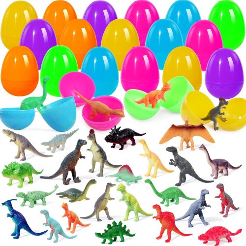 1 Prefilled Easter Eggs with Dinosuar Toys for Kids, 24pcs Easter Basket Stuffers Egg Hunt Filler Classroom Prize Party Favor Supplies