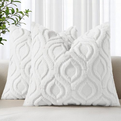 1 Cozy Textured Throw Pillow Covers 18x18 Inch Set of 2, Soft Plush Faux Wool White Accent Couch Pillow Covers for Modern Farmhouse Sofa Bed Living Room
