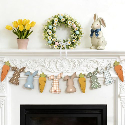 1 Easter Decorations,Cute Bunny Carrot Easter Banner with Wooden Beads,Spring Rabbit Banner Colorful Rustic Farmhouse Bunny Themed Garland Hanging Decoration for Mantel Fireplace Indoor Outdoor Decor