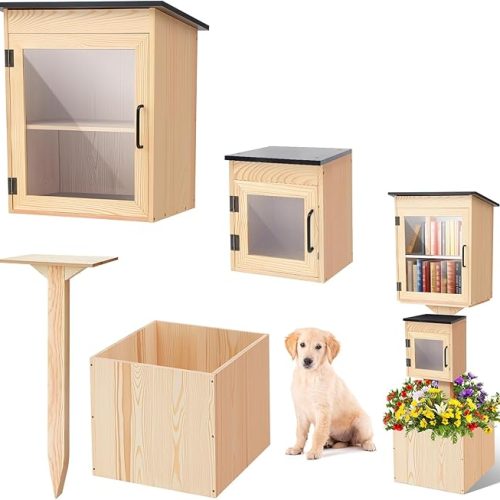 1 Little Library Box Outdoor Weatherproof Solid Wood Double Book Exchange Box with Pillar-Mounted Mini Library, Floor Plugs & Flower Fence for Community Neighborhood School(Natural Wood)