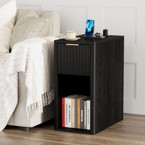 1 Narrow End Table with Fluted Drawer and Charging Station, Small Nightstand with USB Ports & Outlets, Bedside Table for Bedroom or Living Room, Modern Accent Table, Black