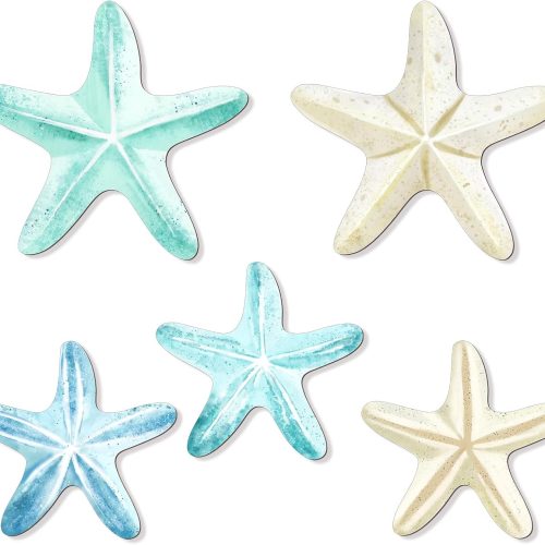 1 5 Pcs Beach Wall Art Coastal Nautical Starfish Wall Decor Natural Wood Finish Wall Hanging Home Decor for Bathroom Living Room Patio, Flat Not 3D Artificial Starfish (Unique)