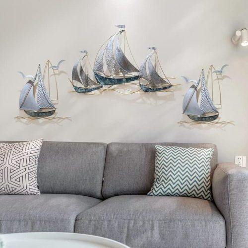 1 Set of 3 Metal Sailboat Wall Art, Metal Blue Ship Wall Decor, Coastal Nautical Wall Art Decor, Large Sailing Boat Wall Sculpture, for Living Room Bedroom Indoor Outdoor