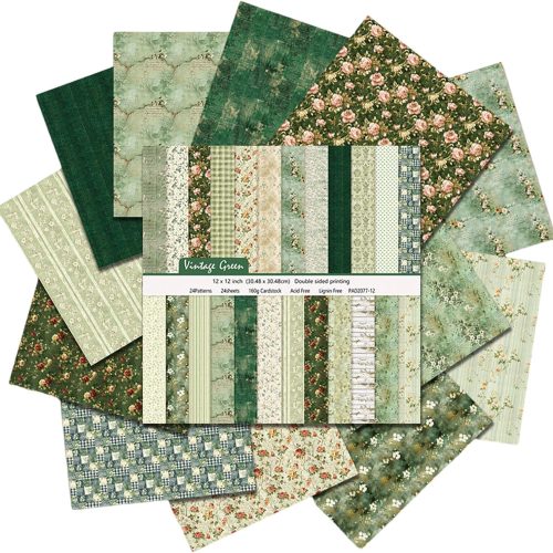 12x12 Scrapbook Paper, 24 Sheets/24 Designs Vintage Green Scrapbook Paper Set, Double-Sided Garden Pattern Floral Decorative Craft Paper For DIY Card Making Photo Album Journal Decor