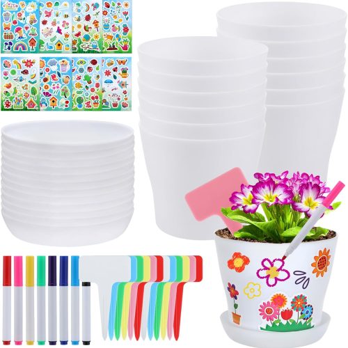 1 24 Set Paintable Flower Pot Craft Kit - with Watercolor Pens, Plant Labels, and Stickers – DIY Gardening Gift for Kids, Fun Activity for Boys and Girls