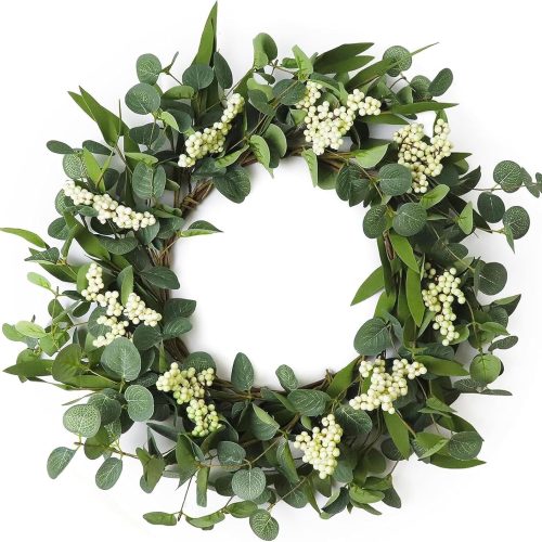 1 Wreaths for Front Door, 20" Artificial Eucalyptus Wreath, White Berry Greenery Wreath for Front Door Window Porch Wedding Farmhouse Garden Party Wedding Decor Spring Summer - Indoor/Outdoor