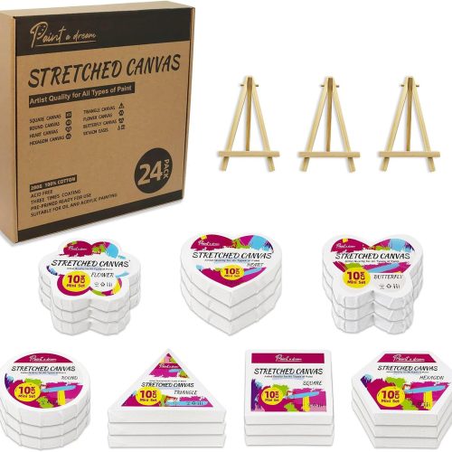 24-Pack 10cm (4") Mini Canvas Set, 100% Cotton Acid-Free, Stretched Canvases with Easel for Painting, 5/8 Inch Profile 8 Ounce Art Canvas for Acrylics,Oils Paints, Perfect for Painting Party