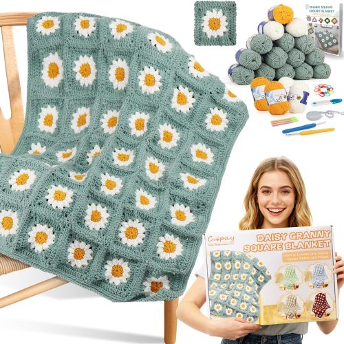 Crochet Kit for Beginners, Crochet Starter Kit for Blanket, Granny Squares Video Instructions, Easy to Learn Knitting for Beginner