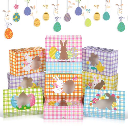 1 36 Pcs Easter Cookie Boxes Treat Boxes with Shape Window Bunny Egg Flower Cupcake Boxes Cardboard Buffalo Plaids Goody Candy Container Packaging for Happy Easter Party Supplies Favors