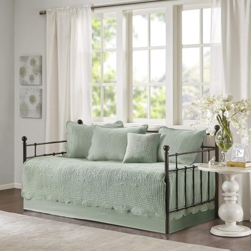 1 Daybed Cover Set Damask Quilted Cover for Daybeds, All Season, Pre-Washed Cotton-Filled Coastal Bedding Scallop Edge, Shams, Bedskirt, Décor Pillows, Tuscany, Seafoam, 39"x75", 6 Piece
