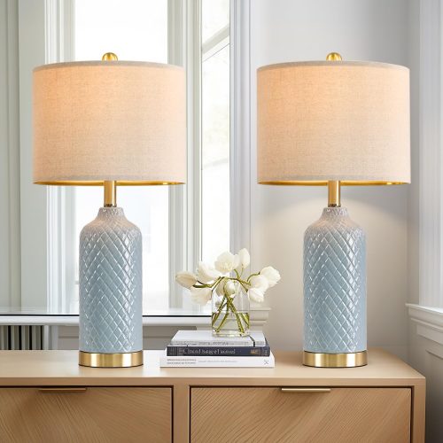 1 24.25" Modern Ceramic Blue Table Lamps Set of 2 for Living Room Bedroom Bedside Table Lamp for Night Stands Boho Nightstand Lamp Coastal Side End Table Lamps Reading Light Home Office Dorm Deco Gifts