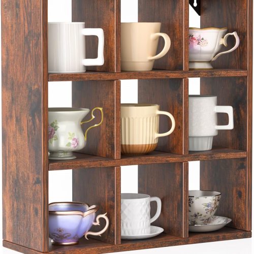1 9 Grid Vintage Coffee Mug Display Rack, 16inch Wall Mounted Wooden Curio Shadow Box Shelf, Cup Floating Shelves Display and Organizer (Bronze)