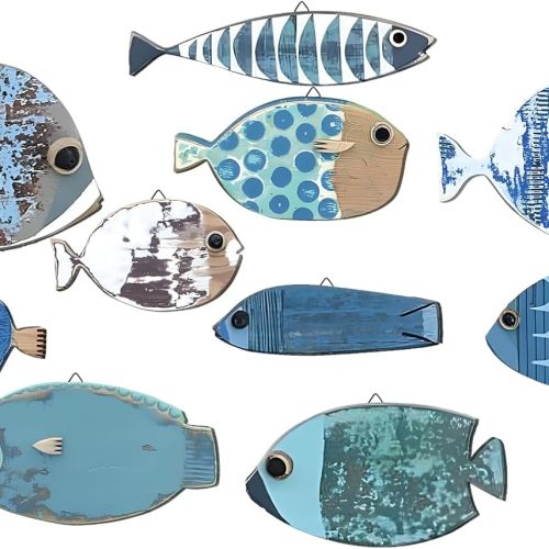 1 10 Pcs Fish Wall Decor Wooden School of Fish Wall Hanging Decor Wood Beach Wall Art Nautical Theme Bathroom Coastal Ocean Home Decorations Gifts, Not 3D Pattern