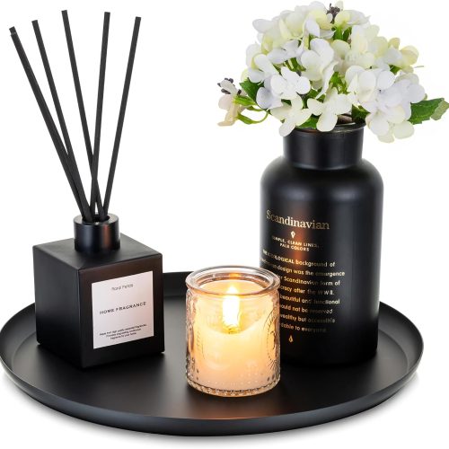 1 Black Decorative Candle Tray - Round Trays Decor for Coffee Table Centerpiece Metal Serving Tray for Kitchen Counter Organizer Modern Farmhouse Home Decorations, 11 Inch