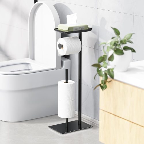 1 Toilet Paper Holder Stand with Top Storage Shelf, Free Standing Toilet Roll Dispenser for Bathroom, Holds 4 Reserve Rolls