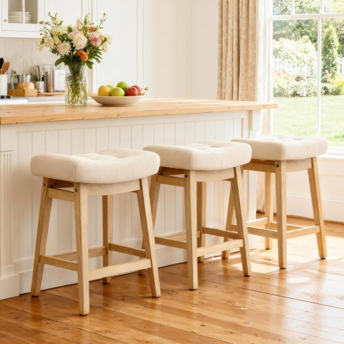 1 Counter Height Bar Stools Set of 3 for Kitchen Counter, Backless Farmhouse Island Short Barstools No Back with Padded Fabric Saddle Seat & Solid Wood Legs Modern 24 inch Counter Top Bar Chairs, Khaki