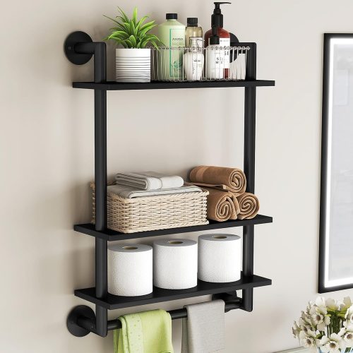 1 Bathroom Shelves Wall Mounted, 3 Tier Bathroom Shelf with Towel Bar, 26in Stainless Steel Floating Pipe Racks Over Toilet, Wall Shelves for Bathroom Laundry Room Kitchen Storage