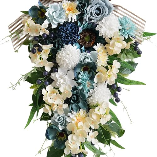 25 Inch Spring Blue Rose Door Hanging Artificial Floral Swag for Front Door Window Porch Stair Railing Spring Holiday Indoor Outdoor Home Decor