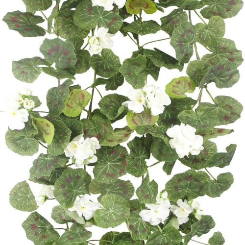 2 Pcs Spring Summer Flower Garland Geranium Artificial Garland Outdoors White Geranium Artificial Flowers UV Resistant Hanging Basket Floral Garland for Porch Farmhouse Centerpiece Decor