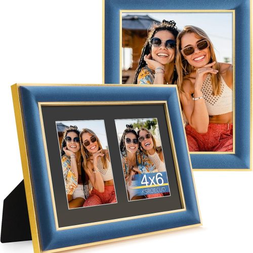 8x10 Velvet Picture Frame with 2 Opening 4x6 Picture, HD Real Glass Navy Blue Velvet Photo Frame with Black White Border Mat, Gold Border Horizontal & Vertical Display for Tabletop or Wall Decor (2 Pack)