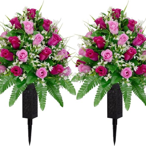 2 Sets Artificial Cemetery Flowers, Purple and Pink Realistic Roses Bouquet, Outdoor Grave Decorations with Non-Bleed Colors, Accompanied by 2 Long Nail Vases (Purple+Pink)