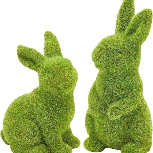 2 PCS Moss Bunny Decorative Figurines Flocked Resin Easter Bunny Decor Green Moss Bunnies for Spring Indoor Table and Bookshelf Decorations Home Rabbit Decorations(Small)