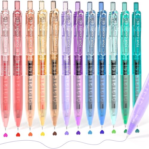 Four Candies 12Pack 0.5mm Quick Dry Retractable Gel Pen Set, Cute Transparent Fine Point Multicolor Note Taking Aesthetic lnk Pens, Comfort Grip 12 Ink Colors Drawing Writing School Office Home