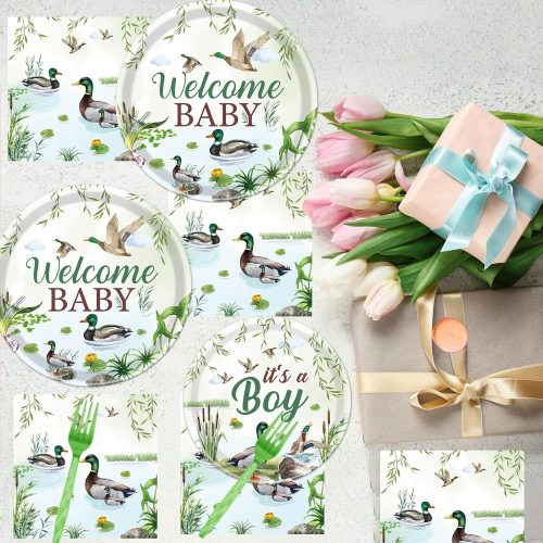 Mallard Duck Baby Shower Decorations, 96PCS Duck Hunting Paper Plates and Napkins Tableware Party Decoration Goose Forks Decor Supplies, Serve 24