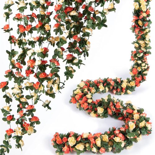 1 8 Pcs x 8.2 ft Flower Garland Artificial Rose Vine Flowers with Green Leaves Hanging Fake Roses Vine for Room Party Home Wedding Birthday Christmas Wall Arch Decor, Champagne Flower