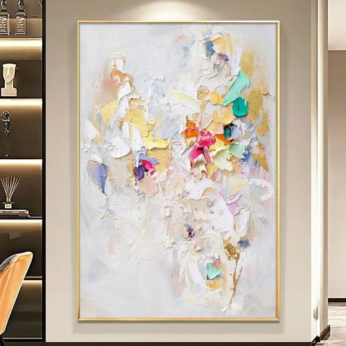 Modern Wall Art, 16x24in Frameless Abstract Painting, White Texture Art, Colorful Yellow Pink and Green, Decorative Wall Art for Living Room Bedroom