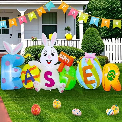 8FT L Easter Inflatable Yard Decoration, Lighted Blow Up Bunny Sitting with Easter Eggs, Light Up Air Blown Rabbit Happy Easter for Spring Holiday Lawn Garden Indoor Outdoor Decors