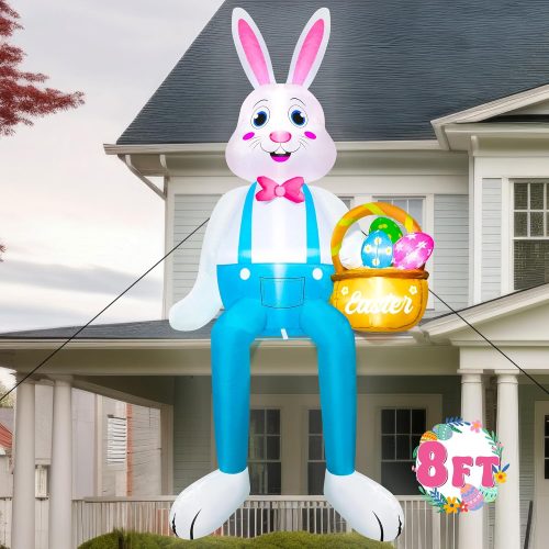 8FT Easter Inflatables, Blow Up Sitting Bunny Decorations, Pre-lit Bunny Holding Colorful Eggs Basket, Cute Spring Inflatable Decor for Easter Lawn Yard Party