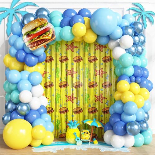 Cartoon Sponge 25th Balloon Garland Arch Kit Birthday Party Decorations, 93 Pcs Yellow Blue White Balloons Under The Sea Yellow Foil Fringe Curtains Backdrop Ocean Themed Birthday Party Decor Supplies