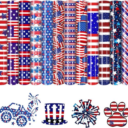 American Flag Patterned HTV Vinyl - 12pcs 12''x 10''Independent Day HTV Patriotic Heat Transfer Vinyl 4th of July Iron on Vinyl for Fabrics