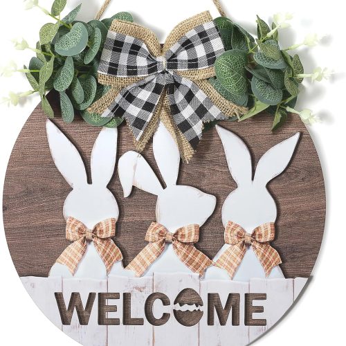 Easter Sign Wall Decor: Front Door Bunny Rabbit Decorations Spring Welcome Wreath Hanging Signs for Farmhouse