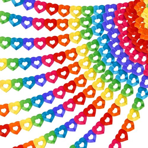 10 Pieces Colorful Rainbow Heart Banner - 100 Feet Colorful Rainbow Gay Pride Paper Garland - Heart Shape Hanging Decorations for Birthday Party Wedding Parades Celebration