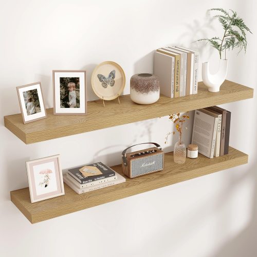 1 Floating Shelves for Wall, Engineered Wood Wall Shelves with Invisible Brackets for Living Room Bedroom Bathroom Office Kitchen Decor and Storage (Oak, 48" W x 9" D x 1.5" H) Set of 2