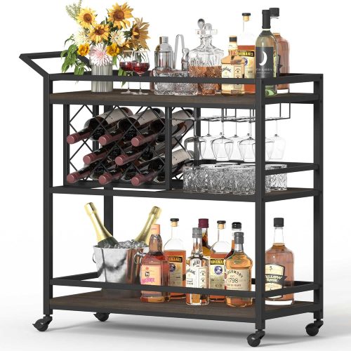 1 Bar Cart for The Home with Wine Rack and Glasses Holder, Small Home Bar Serving Cart on Wheels for Liquor and Alcohol (Walnut Brown)
