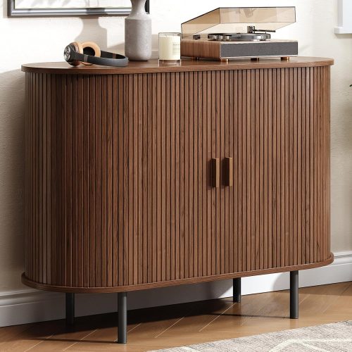 1 Buffet Cabinet with Storage, Fluted Sideboard Buffet with Sliding Door, Coffee Bar Cabinet with Adjustable Shelf, Console Table, Accent Table for Entryway, Kitchen (Walnut, 40 Inch)