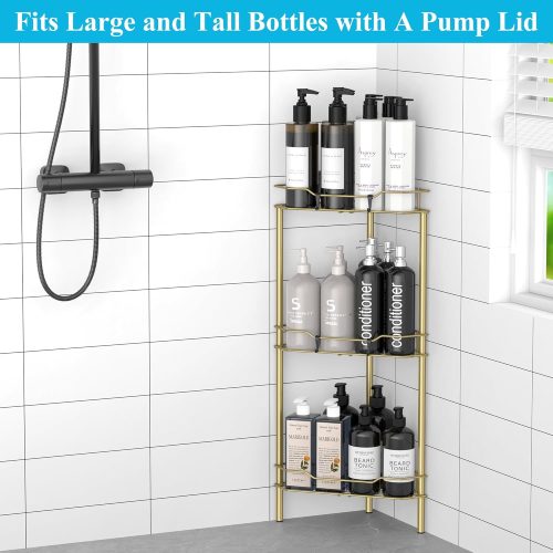 1 3 Tier Floor Standing Corner Shower Caddy Organizer Shelf with Hooks, Bathroom Shelves Stand Rack, Gold