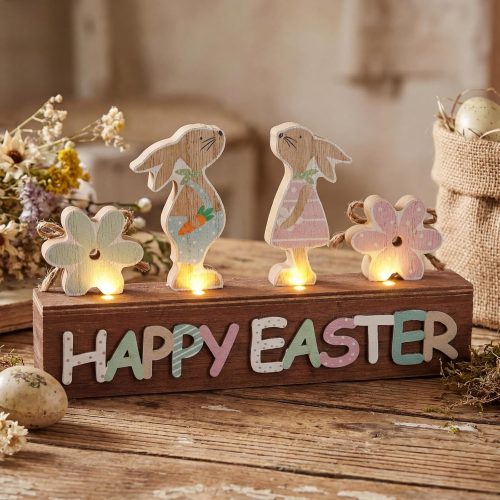 1 Light up Happy Easter Sign Wooden Easter Bunny Decoration for Home Neutral Bunny Block Rustic Farmhouse Holiday Decorations for Home Dining Room Kitchen Spring Decor