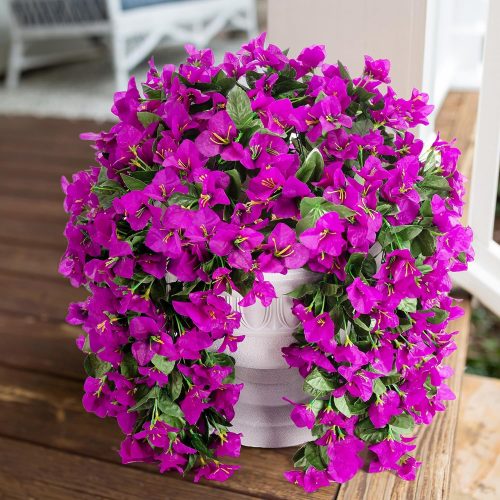 1 Faux Bougainvillea Artificial Flowers Plants for Outdoors Outside Decoration, 2 pcs Purple Fake Flowers UV Resistant Look Real Silk Long Trailing Vines for Front Door Porch Planter Urn Patio Garden